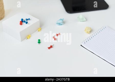 Modern workspace background. Workplace with office supplies and sticky notes on table Stock Photo