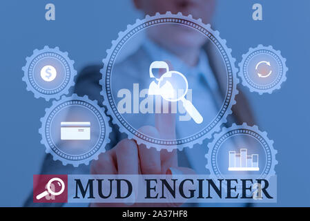 Handwriting text writing Mud Engineer. Conceptual photo liable for making mixture of fluids used in drilling process Woman wear formal work suit prese Stock Photo