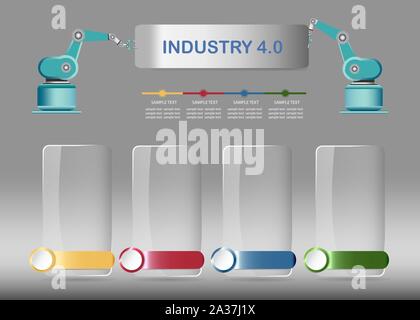 Industrial infographics vector by four blank transparent rectangles with color metal labels  ready for your text.  Top edge of the vector forms two ro Stock Vector