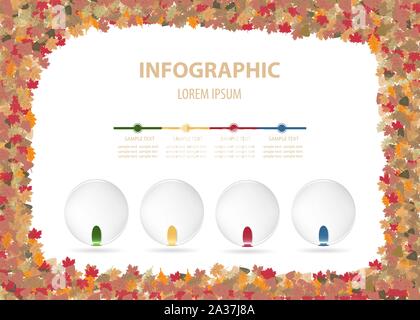 Infographics vector with four blank glass balls with vertical metal labels  ready for your text.  Edges of the vector forms colorful autumn leaves on Stock Vector