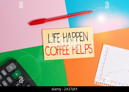 Word writing text Life Happen Coffee Helps. Business photo showcasing Have a hot drink when having problems troubles Office appliance colorful square Stock Photo