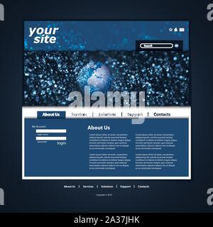 Abstract Dark Blue Modern Style Business Web Site Design Template with Earth Globe and Sparkling Bubbly Background - Illustration in Vector Format Stock Vector