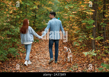 young cheerful family talking, walking in the autumn forest, full length back view photo Stock Photo
