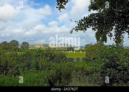 Men playing cricket game on field in the village of Rodmell near Lewes in East Sussex England UK  KATHY DEWITT Stock Photo