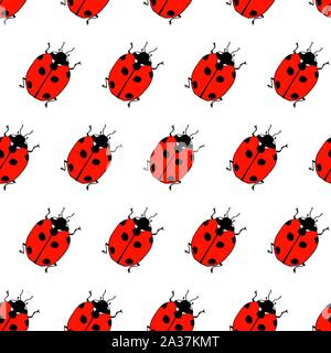 Seamless pattern from lady bugs. Doodle sketch. Colorful outline on white background. Picture can be used in greeting cards, posters, flyers, banners, logo, botanical design etc. Vector illustration. EPS10 Stock Vector