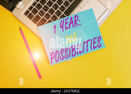 Conceptual Hand Writing Showing 1 Year 365 Possibilities Concept Meaning Beginning Of A New Day Lots Of Chances To Start Metallic Laptop Small Paper Stock Photo Alamy