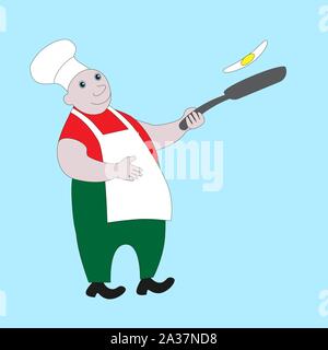 Fat and cheerful cook tosses fried eggs in the pan. Stock Vector