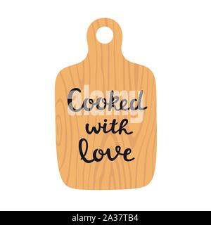 Wooden cutting board with lettering cooked with love vector illustration Stock Vector