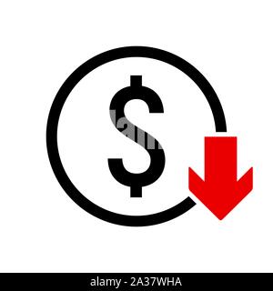 Dollar Down icon. Value decrease symbol. Currency fall concept Stock Vector