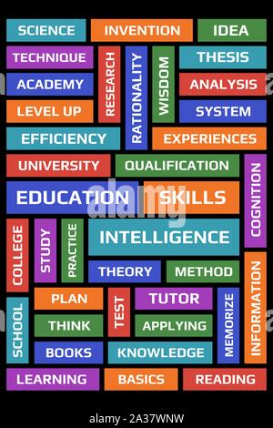 Education word collage poster. Over black background Stock Vector