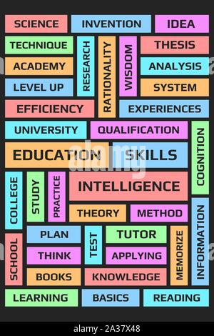 Education word collage poster. Over black background Stock Vector
