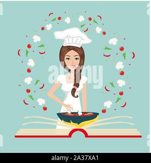 Chef Woman Holding Cook Book. Cook Lady In Professional Uniform. Cute 