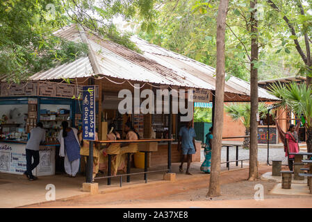 Auroville/India- September 3 2019: Eateries and relaxation areas in the Visitors Centre in Auroville, Tamilnadu Stock Photo