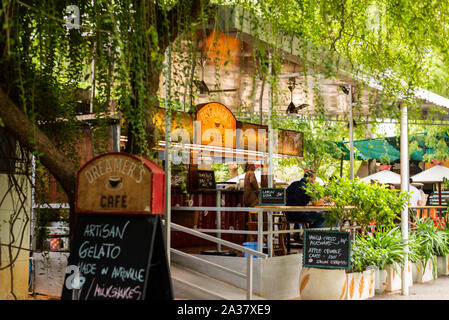 Auroville/India- September 3 2019: Eateries and relaxation areas in the Visitors Centre in Auroville, Tamilnadu Stock Photo