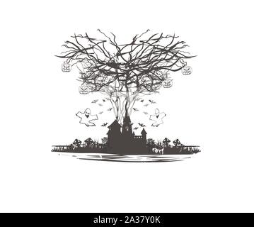 Halloween Haunted House, black and white scary scenery - icon Stock Vector