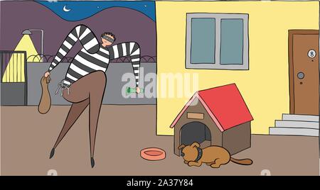 At night the dog is sleeping and the thief is trying to enter the house by walking on his toes. Vector illustration. Black outlines, colored and white Stock Vector