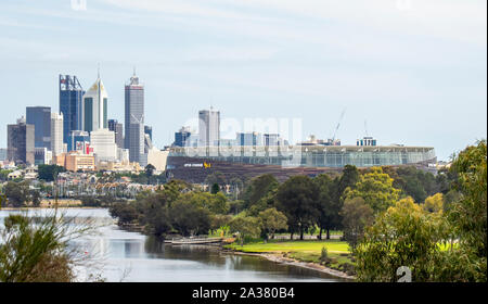 Towers and skyscrapers of Perth skyline on the banks of the Swan River Perth Western Australia Stock Photo
