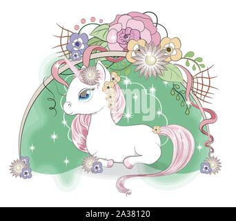 Magic white unicorn with a pink mane and a tail, and blue eyes, in the flower garden. The picture in hand drawing style, can be used for t-shirt print Stock Vector