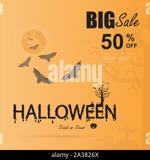 Full moon & Big tree with Halloween calligraphy abstract background.Halloween calligraphy vector design layout for Halloween background, flyers, poste Stock Vector