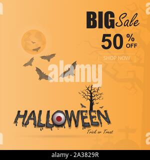 Full moon & Big tree with Halloween calligraphy abstract background.Halloween calligraphy vector design layout for Halloween background, flyers, poste Stock Vector