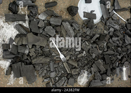 The problem of ecology, forest fires and plastic pollution, disposable tableware.Coal and plastic. Stock Photo