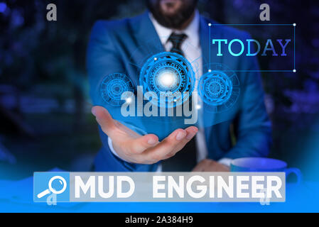 Word writing text Mud Engineer. Business photo showcasing liable for making mixture of fluids used in drilling process Male human wear formal work sui Stock Photo