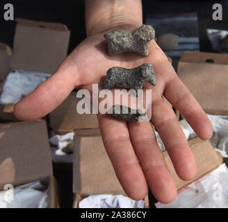 En Esur, Israel. 06th Oct, 2019. A woman holds animal figurines, discovered during excavations of a vast 5,000 cosmopolitan and planned city from the Early Bronze Age, one of the first and largest of the ancient Near East, excavated by the Israeli Antiquities Authority in En Esur, Israel, on Sunday, October 6, 2019. The En Esur archaeological site, located near Wadi Ara, was discovered prior to the construction of a highway interchange and revealed a massive city where 6,000 people lived. Photo by Debbie Hill/UPI Credit: UPI/Alamy Live News Stock Photo