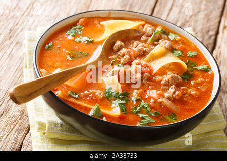 Tasty lasagna soup with minced meat, tomatoes, cheese and herbs close-up in a plate on the table. horizontal Stock Photo