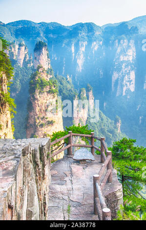 the unusual rock formations and pillars of the Zhangjiajie forest park in Hunan Province China at emperors throne within the tianzhi shan scenic area. Stock Photo