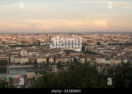 A sunset view of the city of Lyon, France, from the Basilica of Notre Dame de Fourvière. Stock Photo