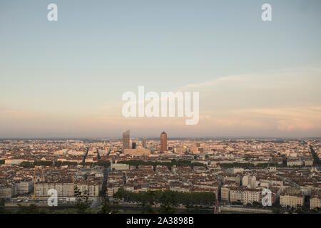 A sunset view of the city of Lyon, France, from the Basilica of Notre Dame de Fourvière. Stock Photo