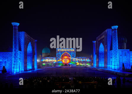 3D projection show on famous Registan of Samarkand, Uzbekistan, Central Asia Stock Photo