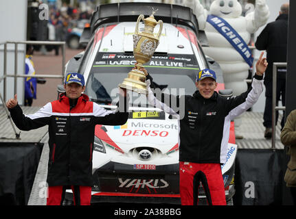 Winners of the Wales Rally GB Estonia’s Ott Tanak and Martin Jarveoja celebrate during day four of the Wales Rally GB.