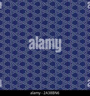 Sashiko kimono pattern. Imitation of bamboo basket weaving. Abstract seamless texture. Japanese embroidery ornament. White stitches on the indigo blue Stock Vector