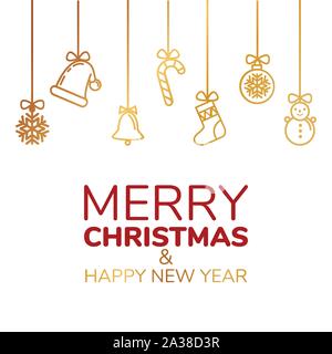 Card from festive gold linear symbols. Happy New Year and Christmas. Vector Stock Vector