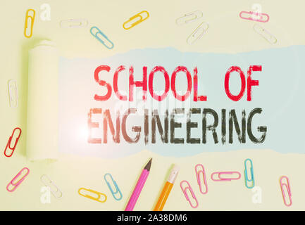 Conceptual hand writing showing School Of Engineering. Concept meaning college to study mechanical communication subjects Stock Photo
