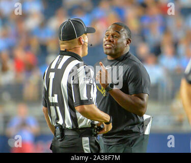 October 05, 2019: Vanderbilt Head Coach, Derek Mason (right), argues with a line judge during the NCAA football game between the Vanderbilt Commodores and the Ole' Miss Rebels at Vaught Hemingway Stadium in Oxford, MS. Credit: Kevin Langley/Sports South Media/CSM Stock Photo