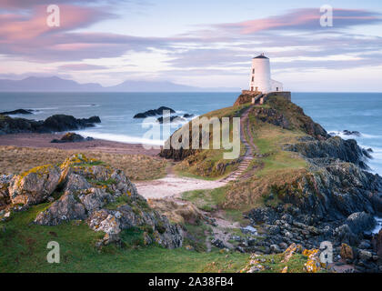 Twr Mawr Lighthouse is softly lit as early morning light filters across the windswept landscape of Llanddwyn Island on Anglesey, North Wales. Stock Photo