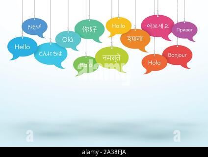 Speech Bubbles Hanging Hello In Different World Languages A Stock Vector