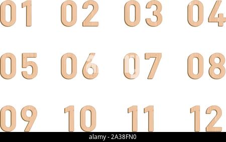Wooden Number Elements Set 1 to 12 Vector 3d Illustration Stock Vector