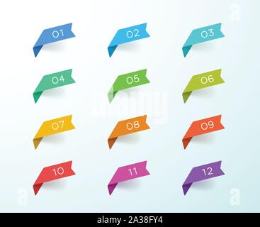 Number Bullet Point 1 to 12 Colorful Label Ribbons Set Stock Vector