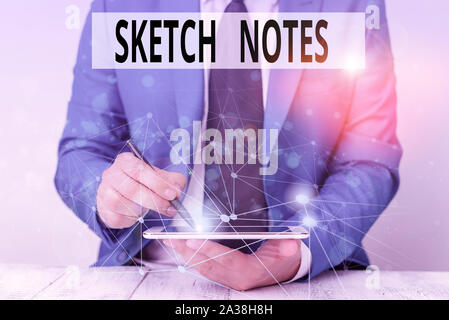 Text sign showing Sketch Notes. Business photo showcasing visual notetaking Combination of notetaking and doodling Male human wear formal work suit pr Stock Photo
