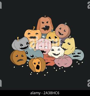 Vector Halloween illustration of pile of pumpkins with carved eyes and smiles with differrent face expressions. Flat style design for halloween Stock Vector