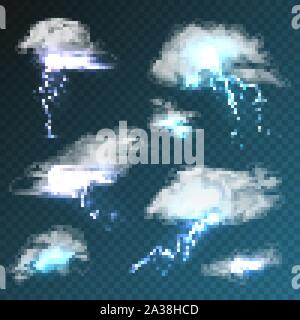 Realistic clouds with lightning set on transparent background. Thunderstorm and lightning bolt. Sparks of light. Stormy weather effect. Vector Stock Vector