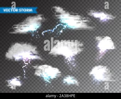 Realistic clouds with lightning set on transparent background. Thunderstorm and lightning bolt. Sparks of light. Stormy weather effect. Vector Stock Vector