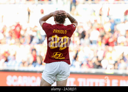 Rome, Italy, 06th October, 2019. Roma's Nicolo' Zaniolo dejects at the end of the Serie A soccer match between Roma and Cagliari at the Olympic Stadium. Roma and Cagliari drew 1-1. Credit Riccardo De Luca - UPDATE IMAGES / Alamy Live News Stock Photo
