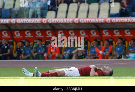 Rome, Italy, 06th October, 2019. Roma's Jordan Veretout lies on the pitch during the Serie A soccer match between Roma and Cagliari at the Olympic Stadium. Credit Riccardo De Luca - UPDATE IMAGES / Alamy Live News Stock Photo