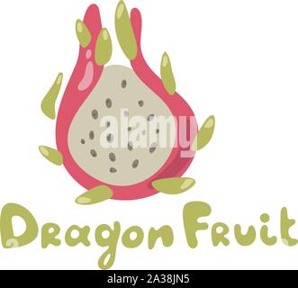Dragon fruit. Half of the cut fruit. Ripe exotic. Isolated doodle cartoon vector illustration on white background Stock Vector