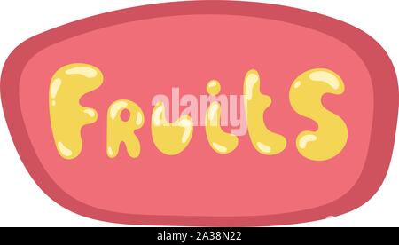 Vector logo for set fresh fruits. Decorative fruit label, sign with original typography font for text fruits on bright pink background for grocery Stock Vector