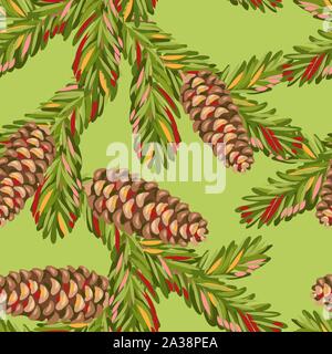 Seamless pattern with spruce branches fir cones. Stock Vector